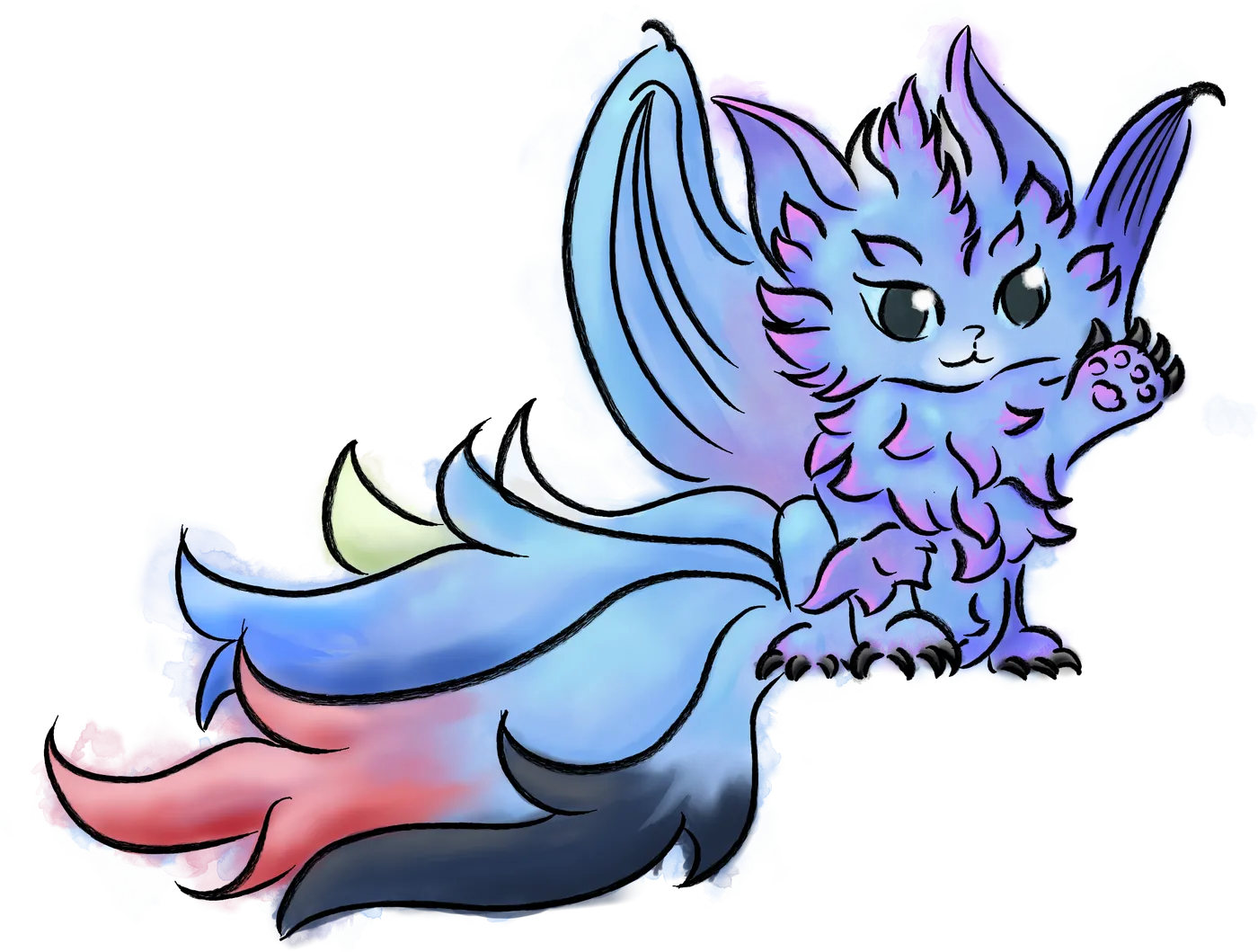 Hikkima, la créature emblème de l'atelier : un petit dragon bleu à la fourrure touffue, aux grandes oreilles et aux cinq queues de couleurs différentes